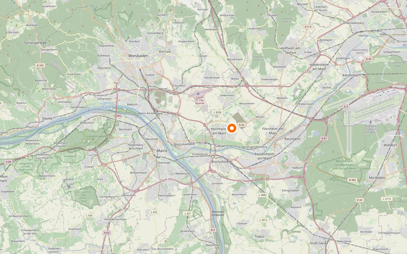 Map of the area between Wiesbaden, Mainz and Frankfurt with the Public Address office in Hochheim am Main marked